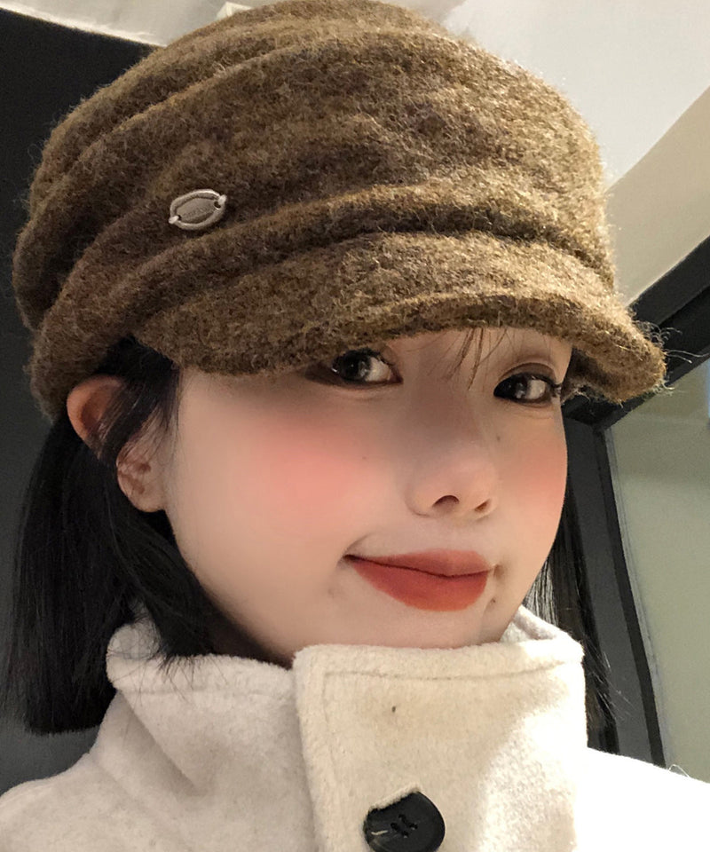Autumn and Winter Coffee Warm Woolen Pleated Beret Hat