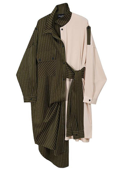 Autumn Asymmetrical Shirt Dress Long Sleeve Striped Sashes Stylish Robe