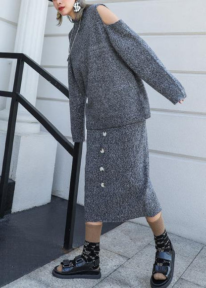 Autumn Knitted Gray Set Two-piece Skirt New Sweater Skirt Set