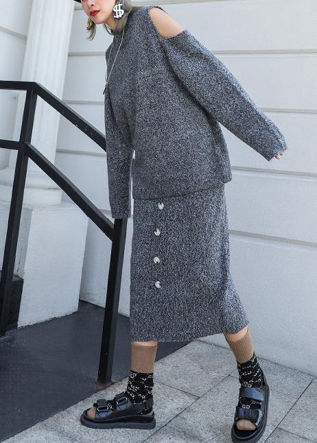 Autumn Knitted Gray Set Two-piece Skirt New Sweater Skirt Set