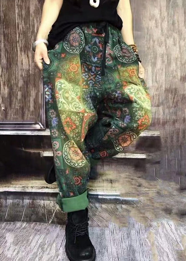 Autumn New Green Print Denim Harlan Pants