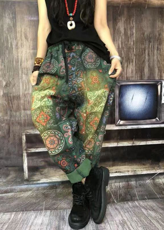 Autumn New Green Print Denim Harlan Pants