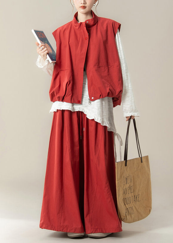 Autumn New Red Stand Collar Vest Asymmetrical T-shirt Wide Leg Pants Set