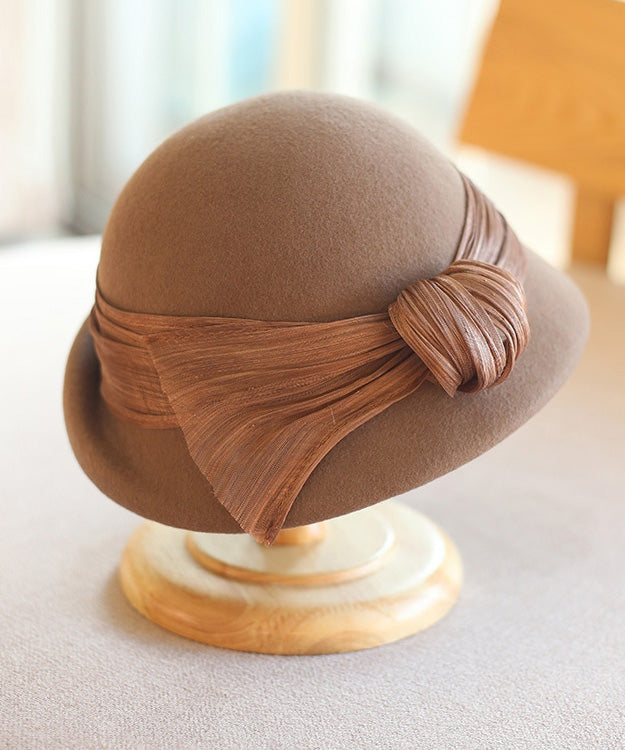 Autumn Winter Camel Silk and Linen Decorated Wool Bucket Hat
