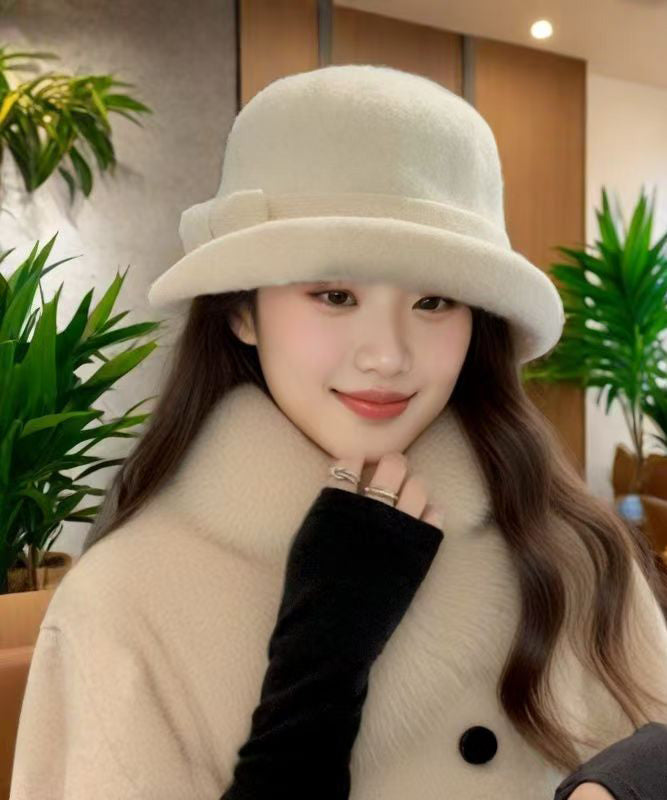 Autumn Winter Bow Thick Woolen Bucket Hat
