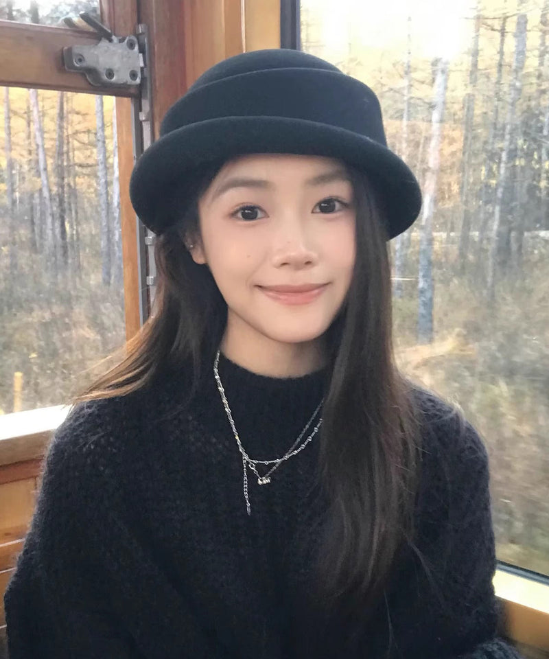 Autumn Winter New Black Simulated Wig Woolen Bucket Hat
