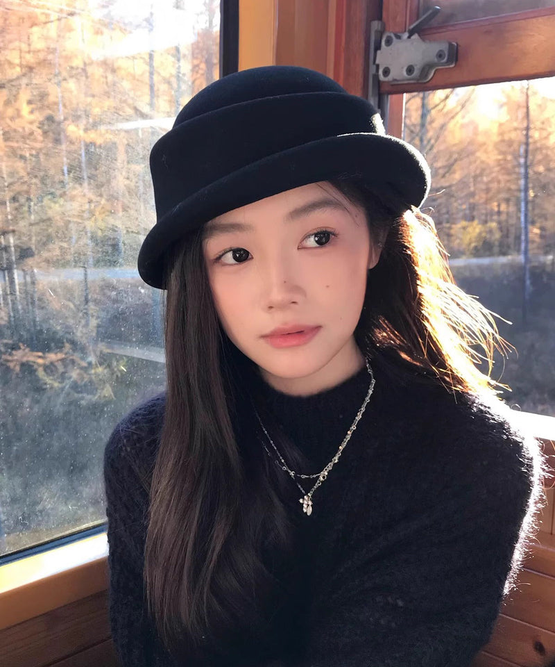 Autumn Winter New Black Simulated Wig Woolen Bucket Hat