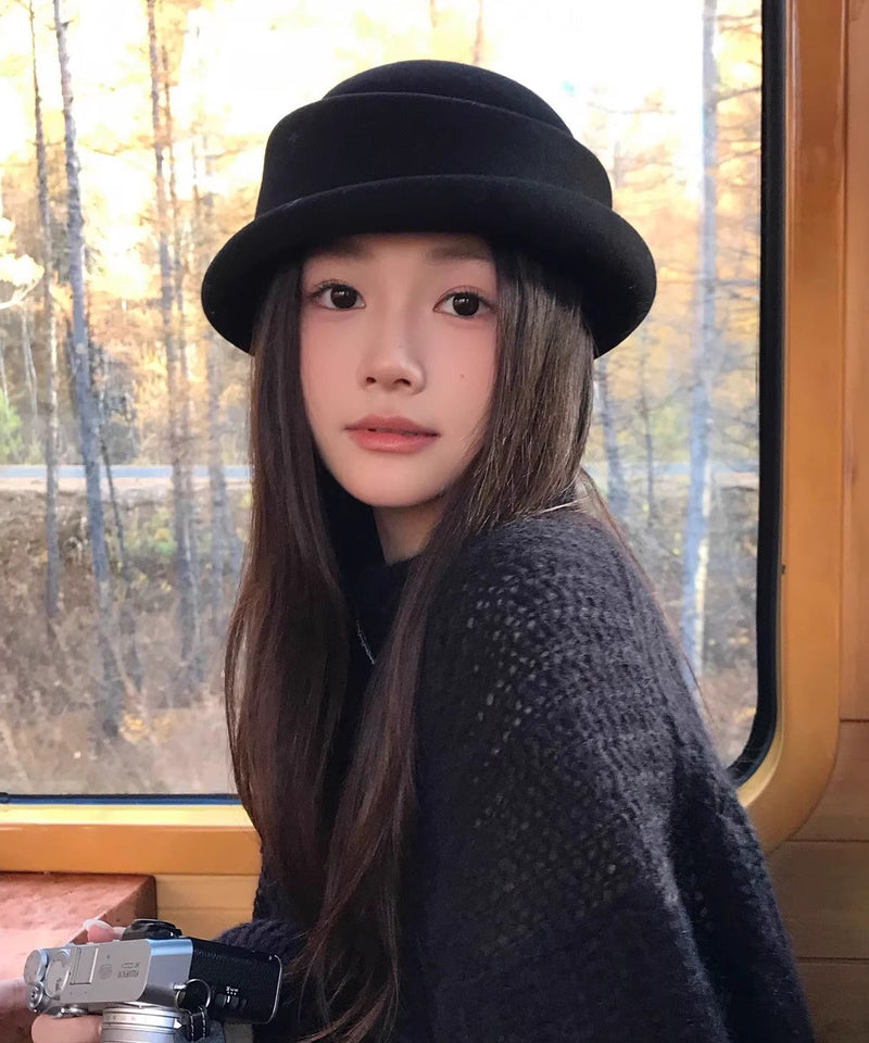 Autumn Winter New Black Simulated Wig Woolen Bucket Hat
