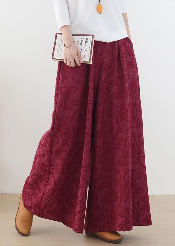 Autumn and Winter Retro Red Jacquard Thickened Wide Leg Pants