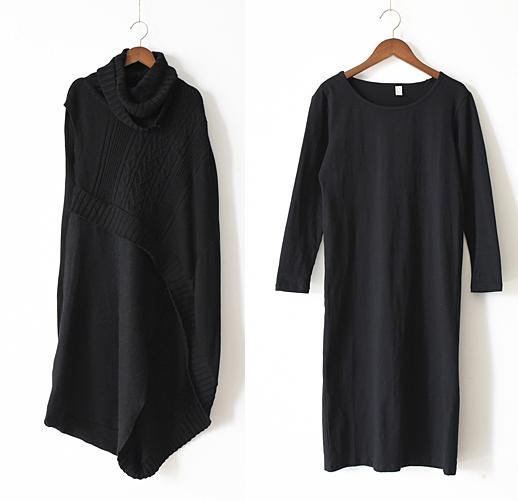 Fall and Winter New Loose Knitted Stitching Black Dress Two-piece Suit