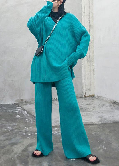 Autumn and Winter Suit New Knitted Wide Leg Pants Blue Green Two Piece