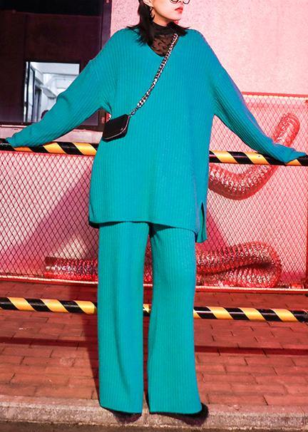 Autumn and Winter Suit New Knitted Wide Leg Pants Blue Green Two Piece