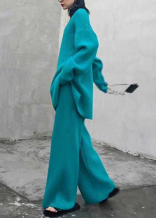 Autumn and Winter Suit New Knitted Wide Leg Pants Blue Green Two Piece