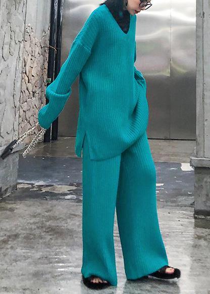 Autumn and Winter Suit New Knitted Wide Leg Pants Blue Green Two Piece