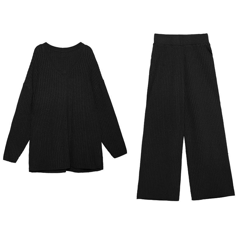 Autumn and Winter Suit New Knitted Wide Leg Pants Blue Green Two Piece
