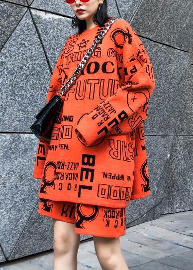 Autumn and Winter Suit Temperament Orange Knitted Sweater Wide Leg Pants Two Piece Set