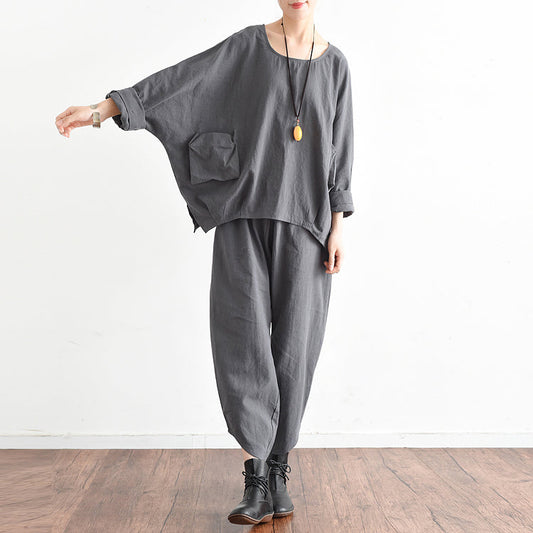 Autumn Outfits Gray Stylish Linen Tops and Causal Linen Pants Tow Pieces Linen