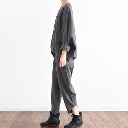 Autumn Outfits Gray Stylish Linen Tops and Causal Linen Pants Tow Pieces Linen