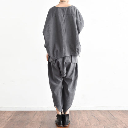 Autumn Outfits Gray Stylish Linen Tops and Causal Linen Pants Tow Pieces Linen