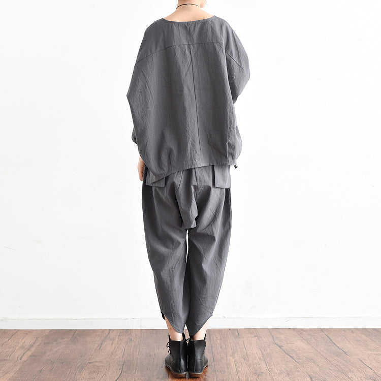 Autumn Outfits Gray Stylish Linen Tops and Causal Linen Pants Tow Pieces Linen