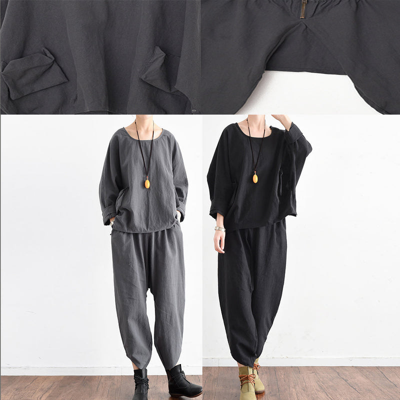 Autumn Outfits Gray Stylish Linen Tops and Causal Linen Pants Tow Pieces Linen