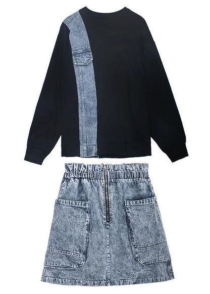 Autumn Suit New Female Sweater + Denim Skirt Two-piece