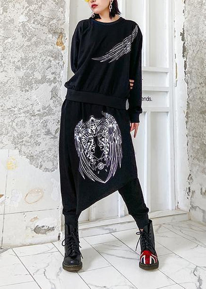 Autumn Suit Ming Black Printed Long-sleeved Sweater Harem Pants Two-piece Suit