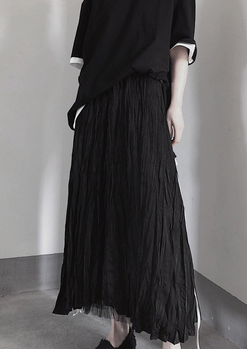 Black Pleated Double Layer Design With Elastic Waist Skirt on Both Sides