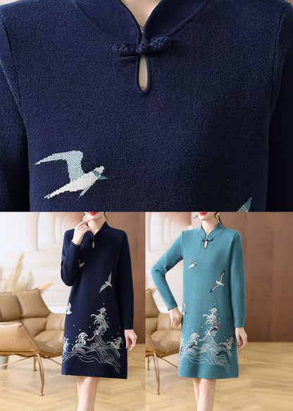 Baby Blue Print Button Cotton Knit Maxi Sweater Dress Spring