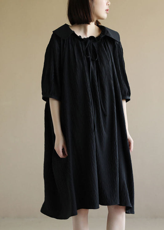 Baggy Black Peter Pan Collar Wrinkled Lace Up Maxi Dresses Short Sleeve