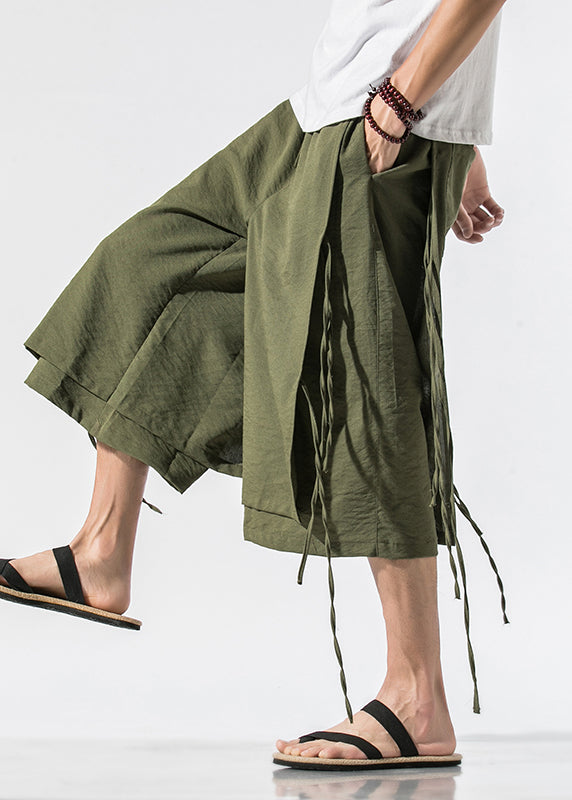 Beach Army Green Pockets Tie Waist Wide Leg Pants