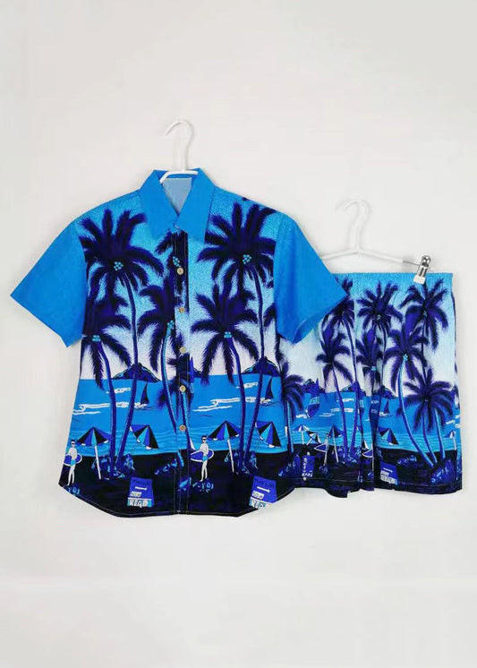 Beach Blue Button Print Shirt and Shorts Cotton Two Piece Set Short Sleeve