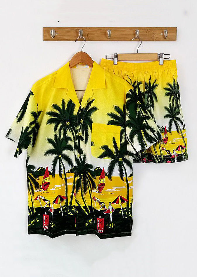 Beach Blue Button Print Shirt and Shorts Cotton Two Piece Set Short Sleeve