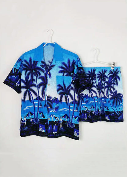 Beach Blue Button Print Shirt and Shorts Cotton Two Piece Set Short Sleeve