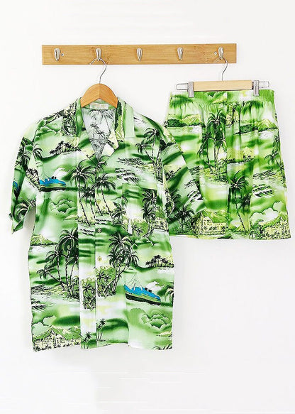 Beach Blue Button Print Shirt and Shorts Cotton Two Piece Set Short Sleeve