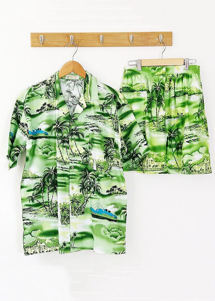 Beach Blue Button Print Shirt and Shorts Cotton Two Piece Set Short Sleeve