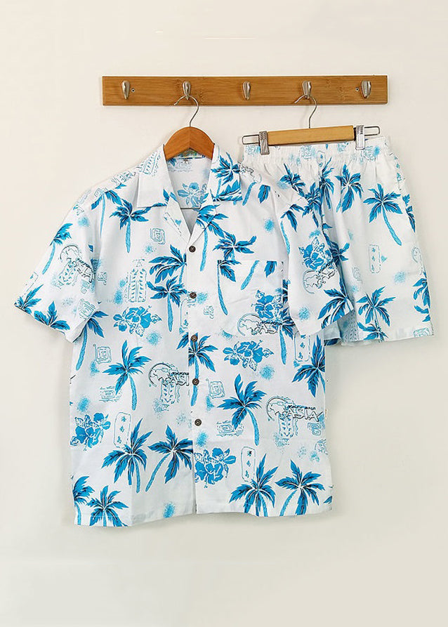 Beach Blue Button Print Shirt and Shorts Cotton Two Piece Set Short Sleeve
