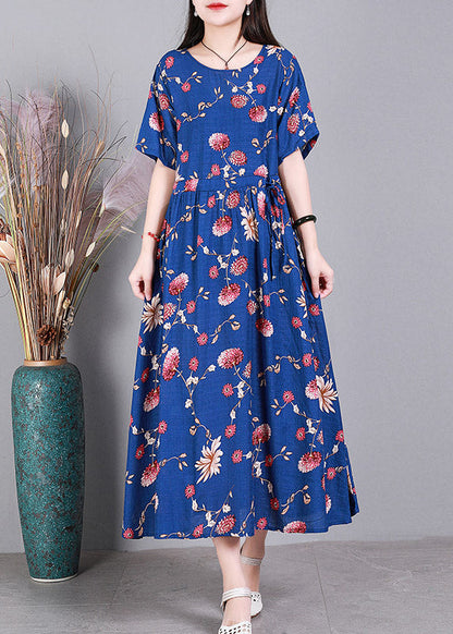 Beach Blue O-neck Print Drawstring Tie Waist Linen Vacation Dresses Short Sleeve
