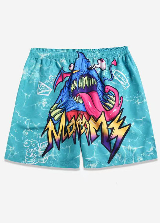 Beach Blue Print Elastic Waist Cotton Beach Shorts Summer