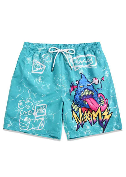 Beach Blue Print Elastic Waist Cotton Beach Shorts Summer