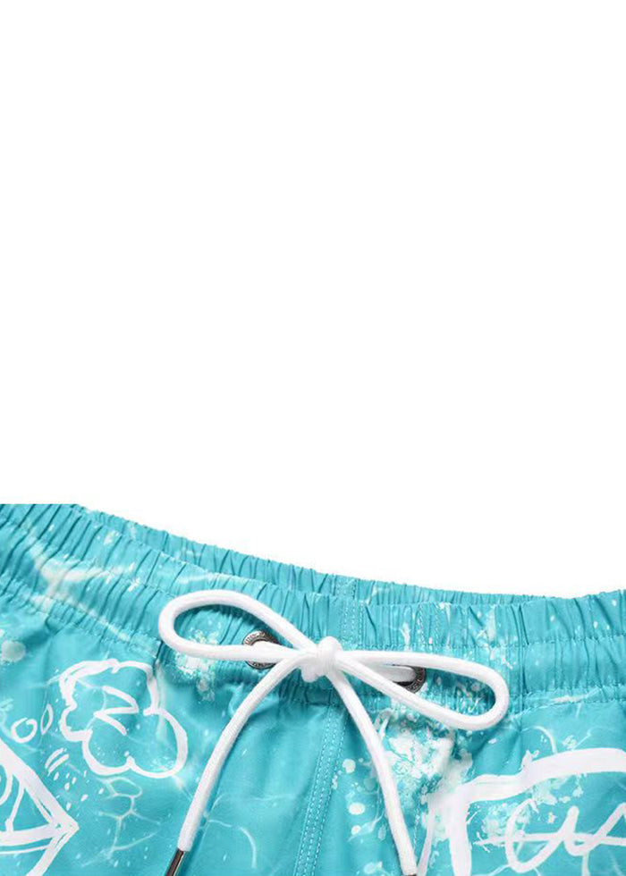 Beach Blue Print Elastic Waist Cotton Beach Shorts Summer