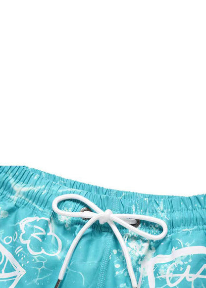 Beach Blue Print Elastic Waist Cotton Beach Shorts Summer
