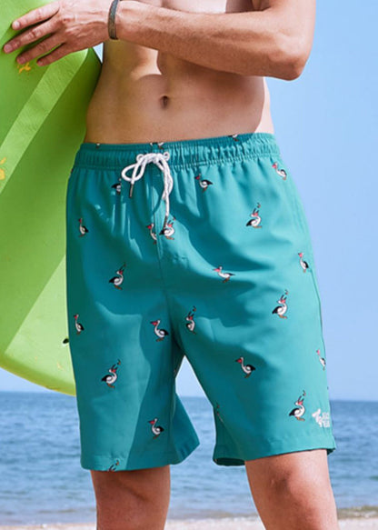 Beach Green Print Lace Up Elastic Waist Cotton Shorts Summer