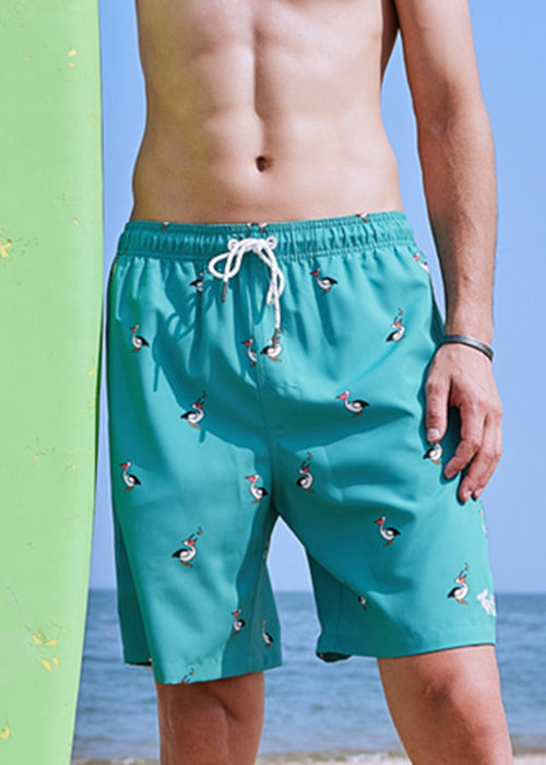 Beach Green Print Lace Up Elastic Waist Cotton Shorts Summer
