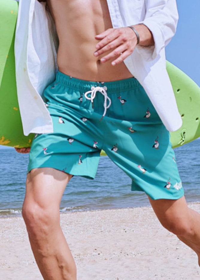 Beach Green Print Lace Up Elastic Waist Cotton Shorts Summer
