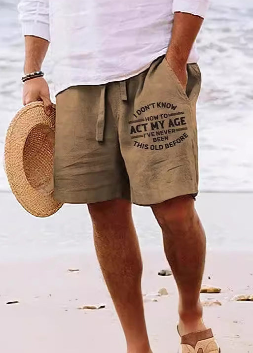 Beach Khaki Print Pockets Elastic Waist Cotton Shorts Summer