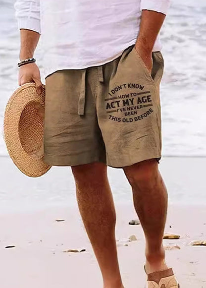 Beach Khaki Print Pockets Elastic Waist Cotton Shorts Summer