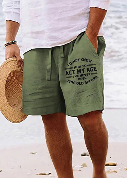 Beach Khaki Print Pockets Elastic Waist Cotton Shorts Summer