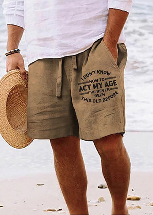 Beach Khaki Print Pockets Elastic Waist Cotton Shorts Summer