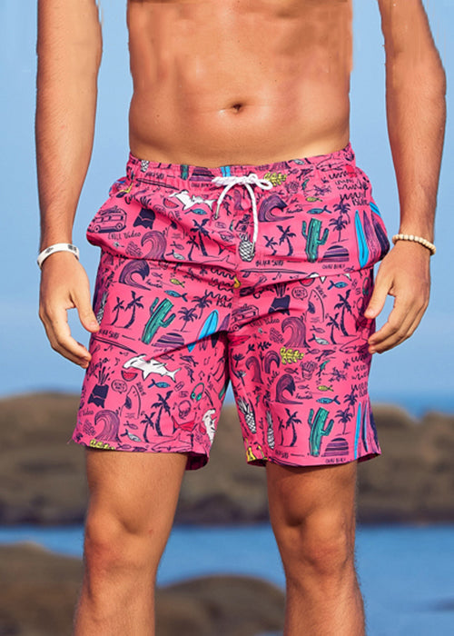 Beach Orange Print Elastic Waist Cotton Shorts Summer
